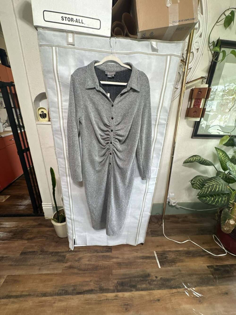 Size XL By Anthropologie Grey Knit Button Ruched Midi Dress NWT